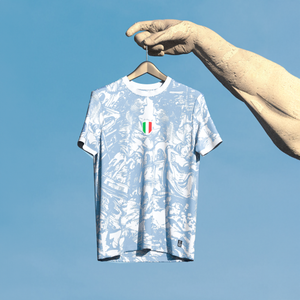 Calcio Italia soccer football jersey. Away kit, white with light blue michelangelo art printed all over the shirt. Statue of David, The Sistine Chapel, The Creation of Adam and La Pieta. 